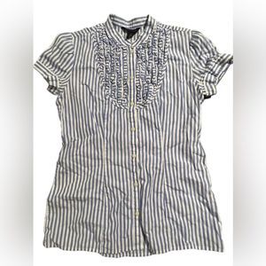 Tommy Hilfiger Ruffled Button-down Blouse White and Blue Striped Sz Small